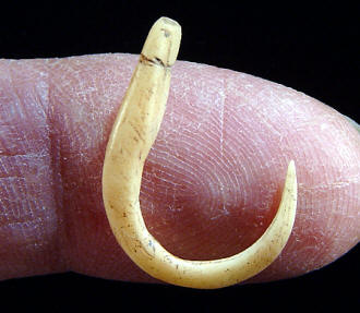 Cast of a bone fishhook from Cahokia Mounds.
