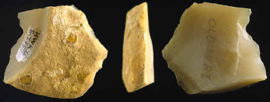 Three views of Oldowan flake tool from Olduvai Gorge.