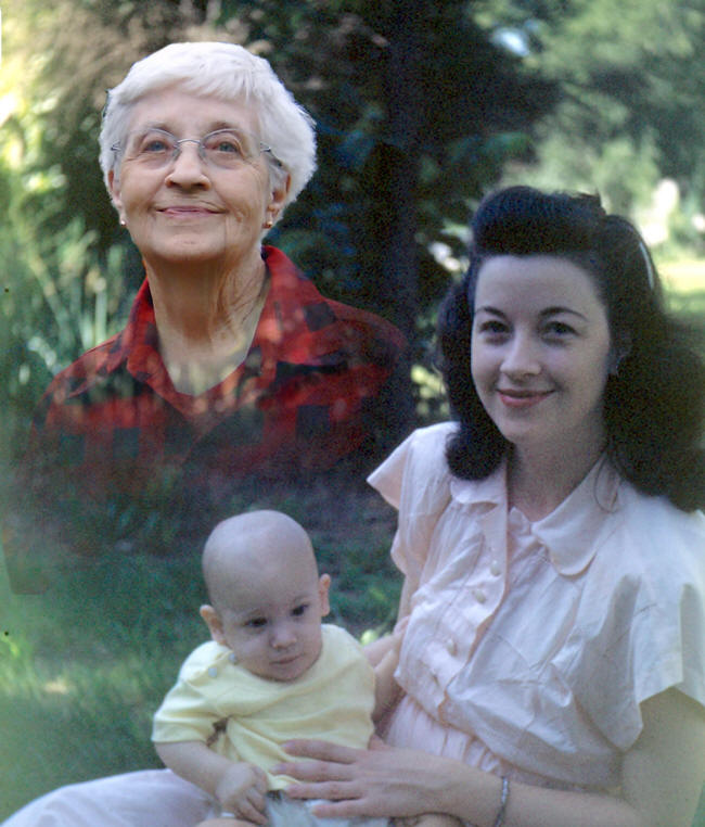 Picture of Elvera Bostrom, younger and older and Peter.