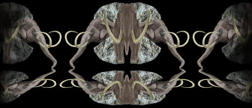 Abstract image of hand axe and mammoth.