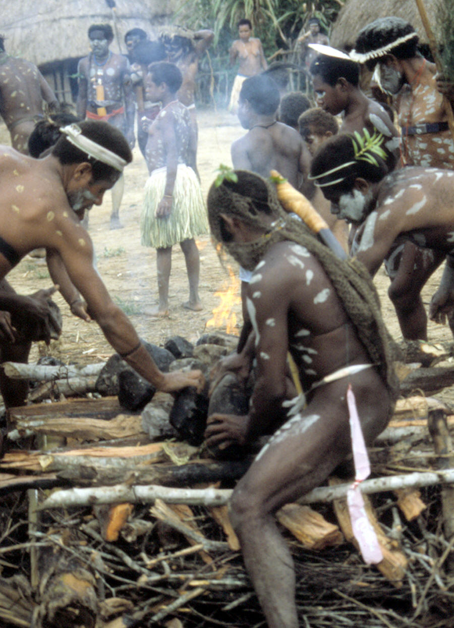 Dani tribesmen lighting pile of wood to heat cooking stones.