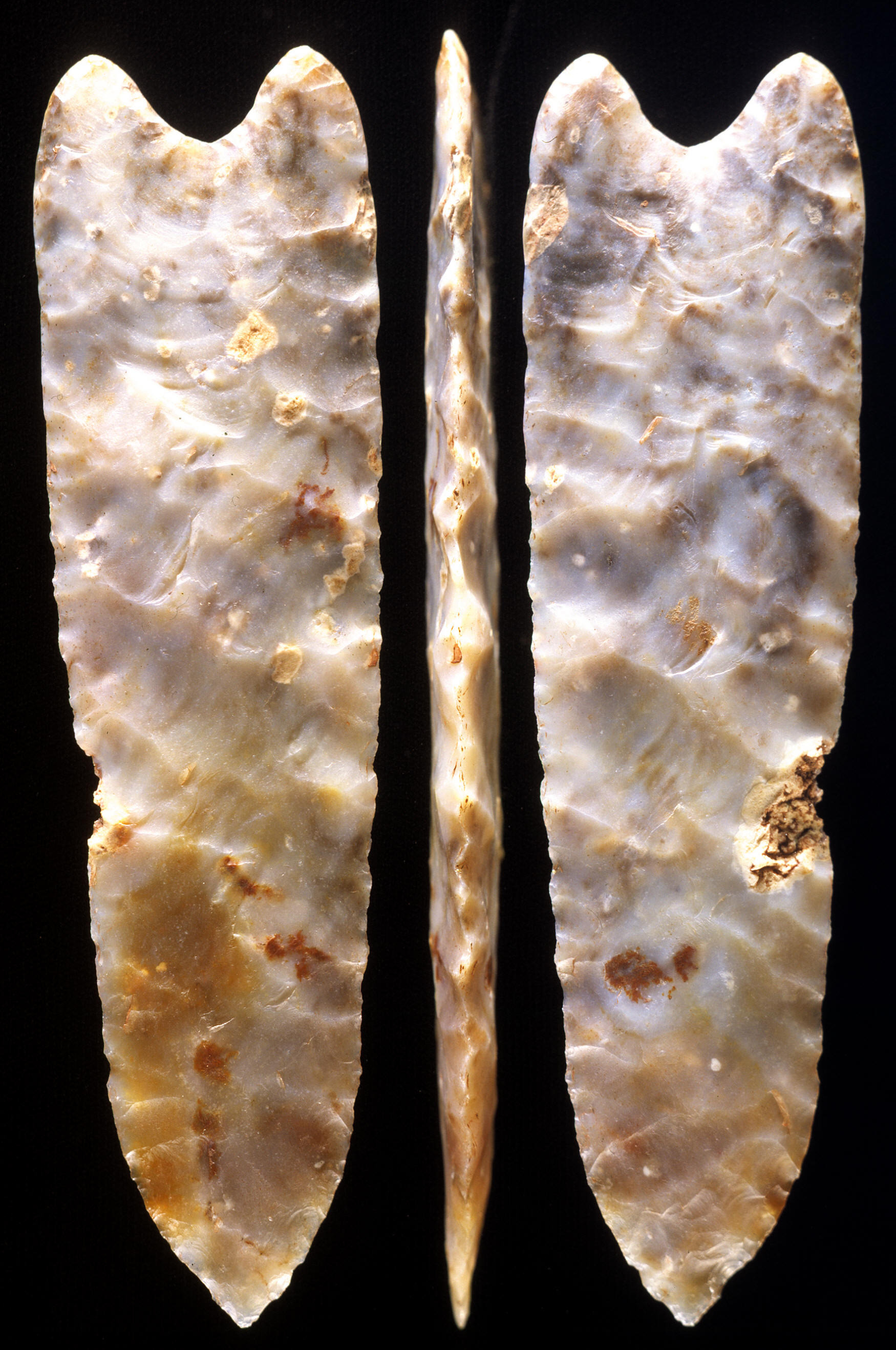 A large unusually shaped Clovis point from the Fenn cache.
