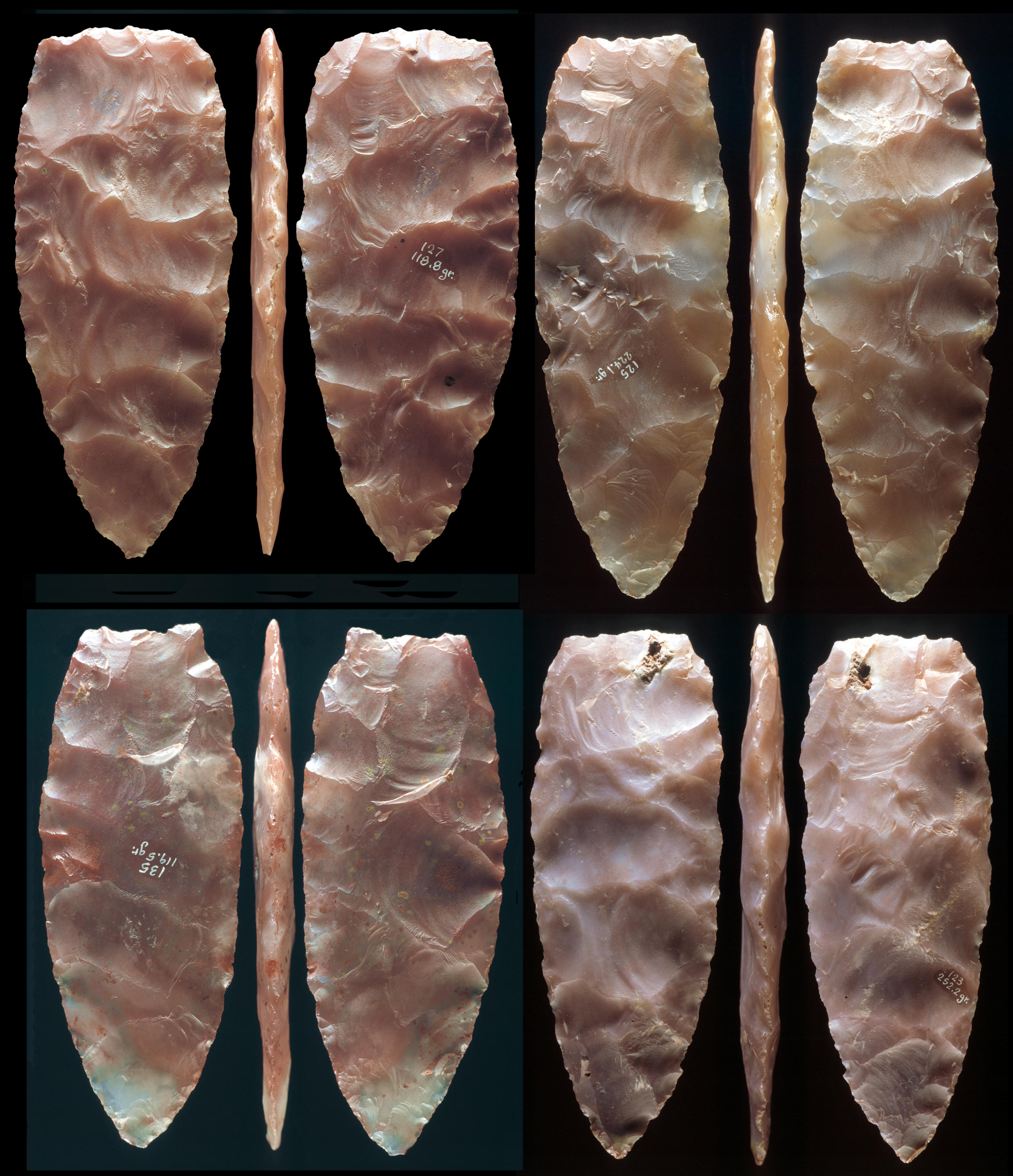 Four Utah agate bifaces from the Fenn cache.