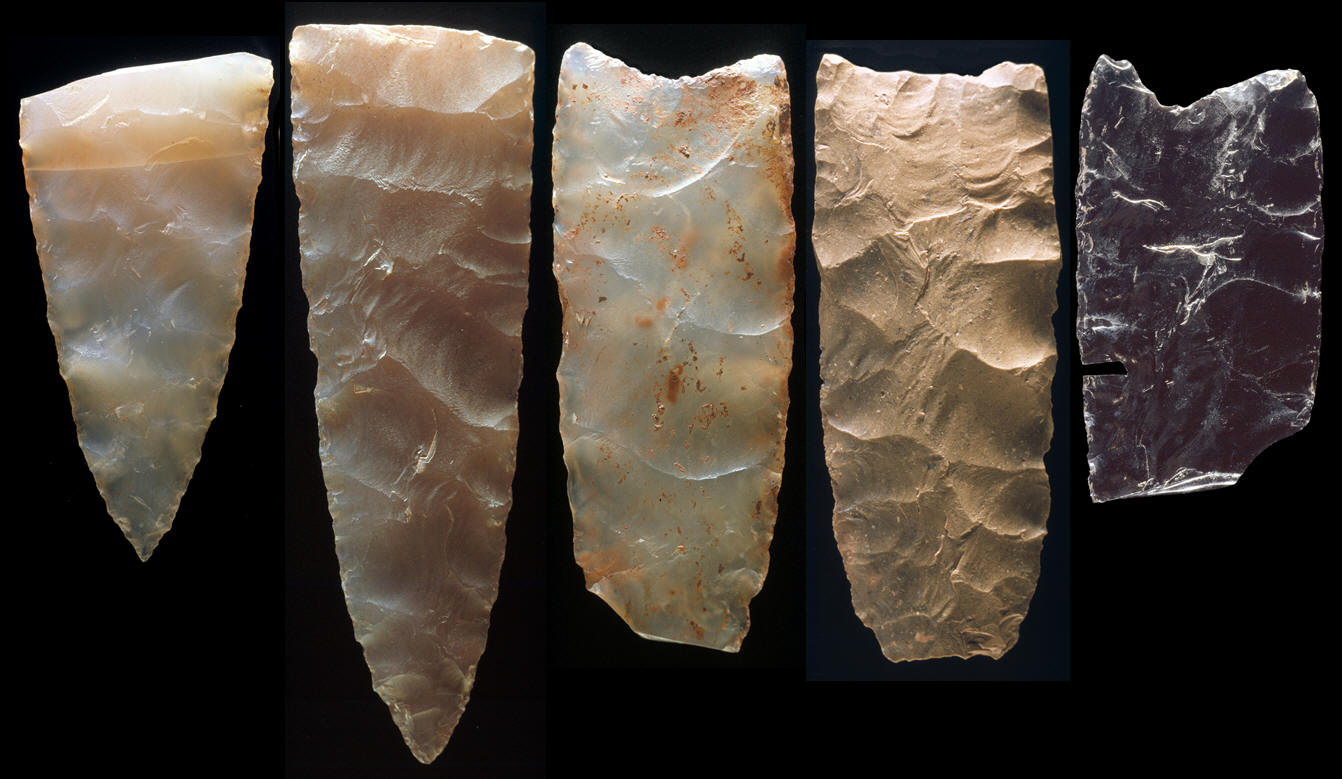 Five broken Clovis points from the Fenn cache.