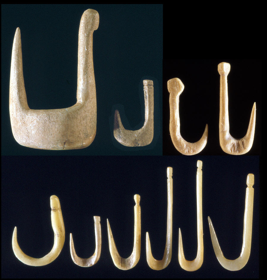 10 u-shaped fishhooks made of deer bone.