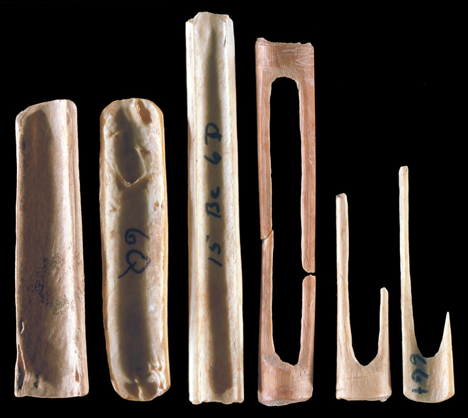 Fishhook stages of manufacture, turkey bone.