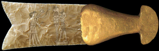 Hafted fishtail biface with gold handle, computer generated.