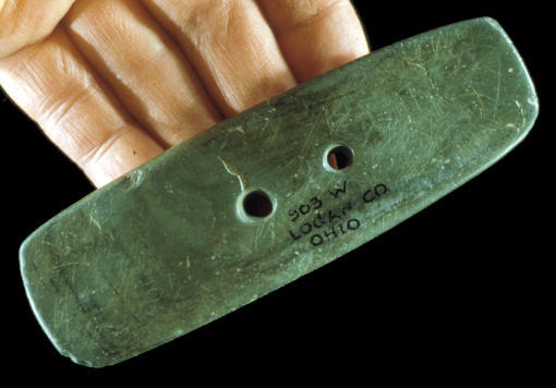 Two-hole green slate gorget from Logan Co., Ohio.