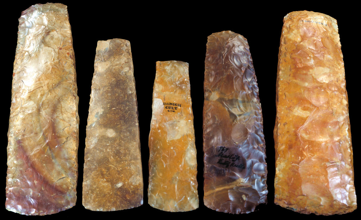 Five square-sides flint celts from northern Europe.