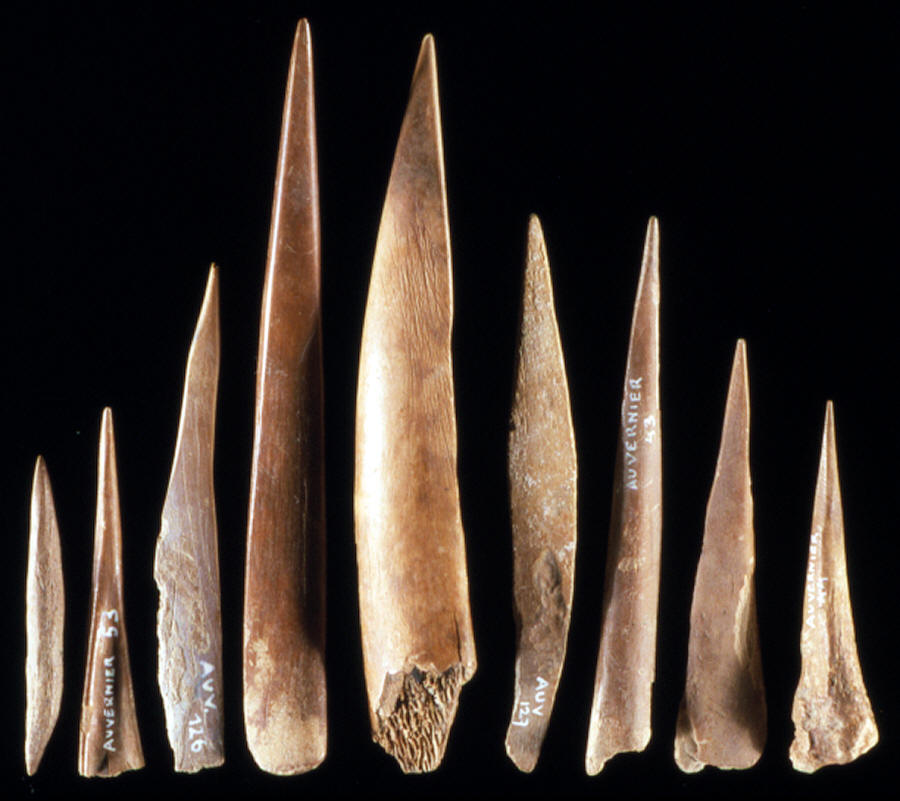 9 bone awls from Swiss lake dweller sites.