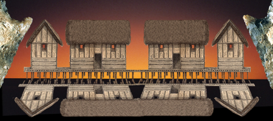 Abstract image of lake houses.