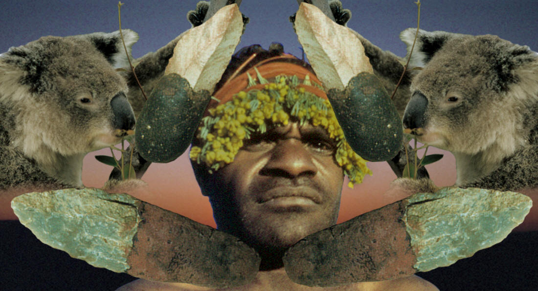 Abstract image of lielira knives, koala & aboriginal man.