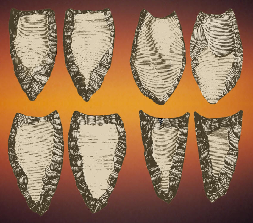 Drawings of 4 pseudofluted Folsom points, Lindenmeier.