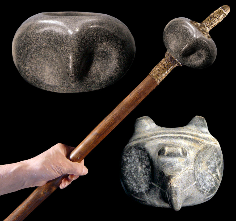 Two examples of owl effigy maces from Costa Rica.