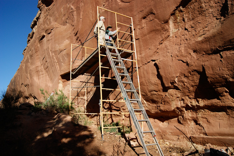 Scaffolding in place to access the mammoth petroglyphs.