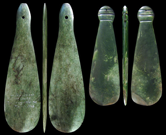 Two greenstone Maori short "club" fighting weapons.