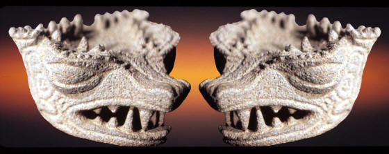 Carved serpent heads from a ceremonial metate.