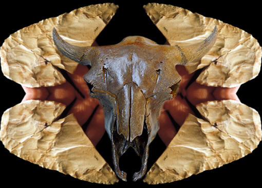 Abstract image of biface from Mill Iron site & bison skull.