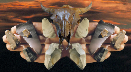 Abstract image of Mill Iron site tools and bison skull.