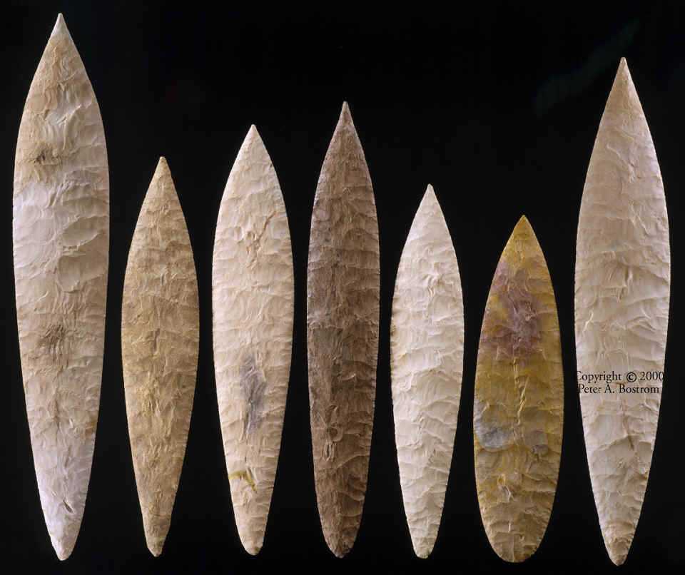 Seven large Mississippian style blades by Tim Dillard.