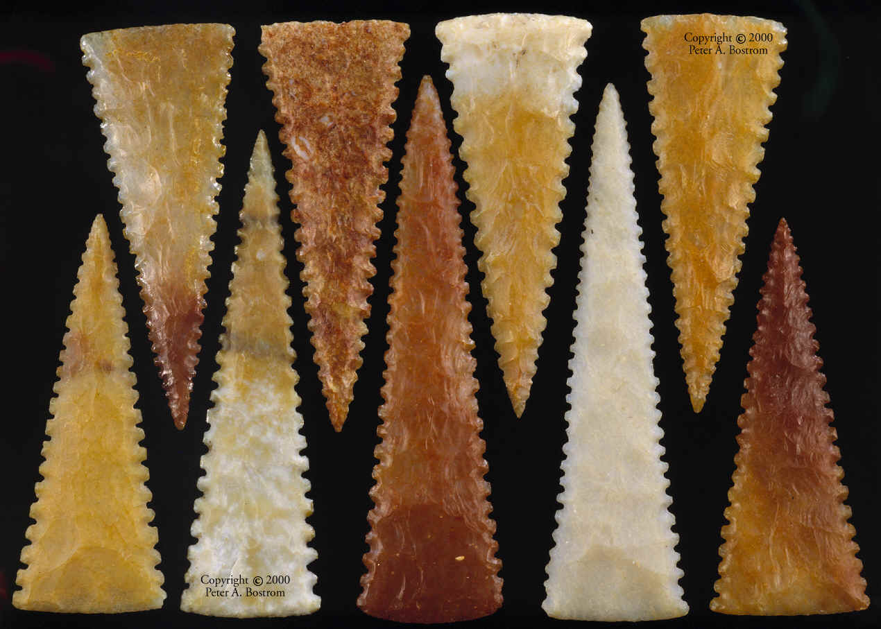 Nine Serrated Unnotched Cahokia arrow points.