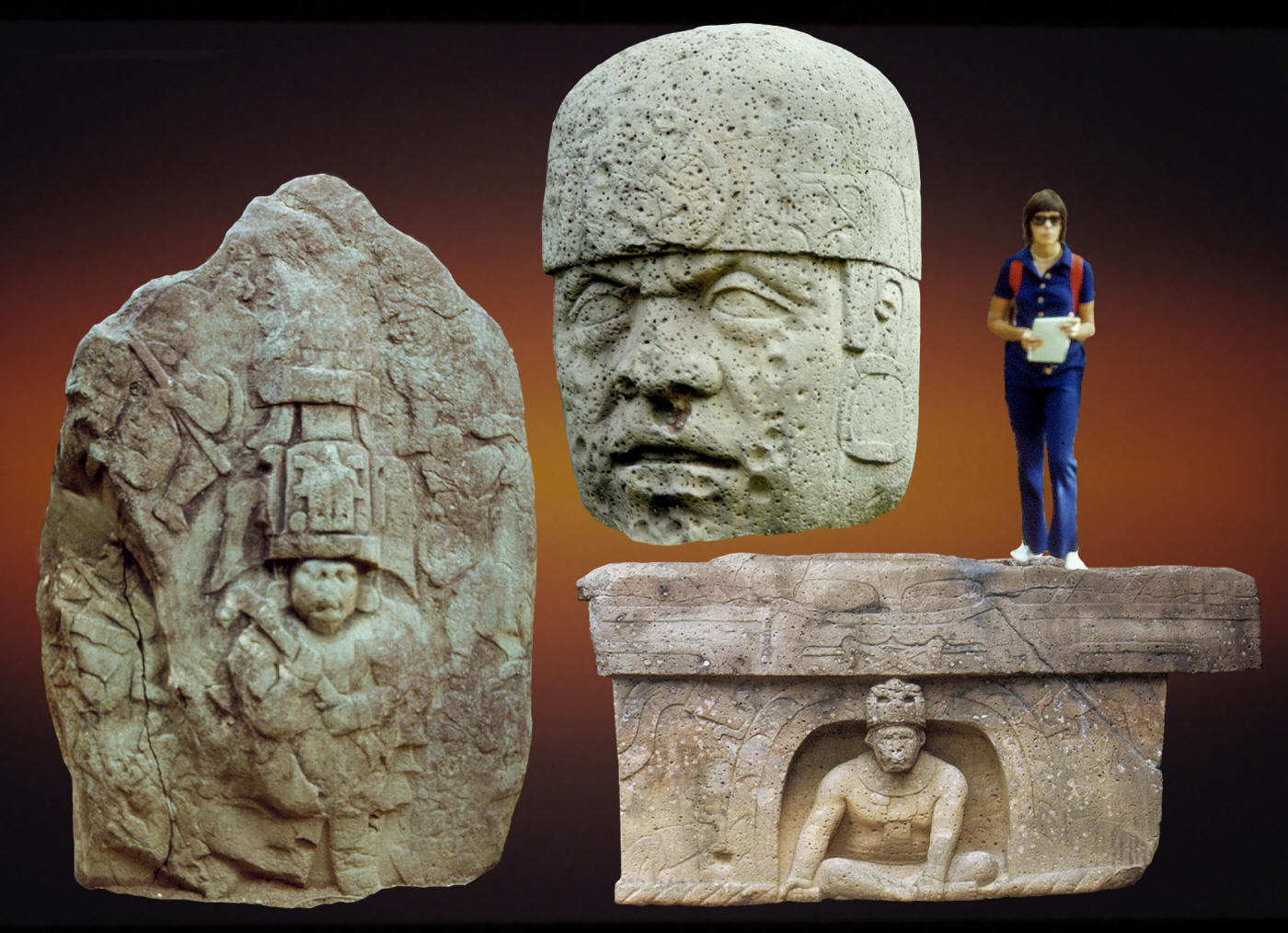 3 monumental stone works, stela, throne and head.