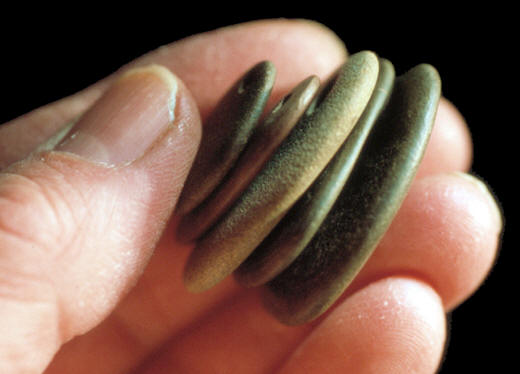 Edge view of five pebble pendants.
