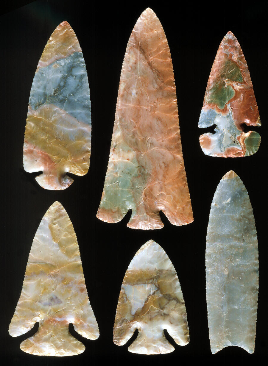 Eight Flint Ridge points made by Roy Miller.