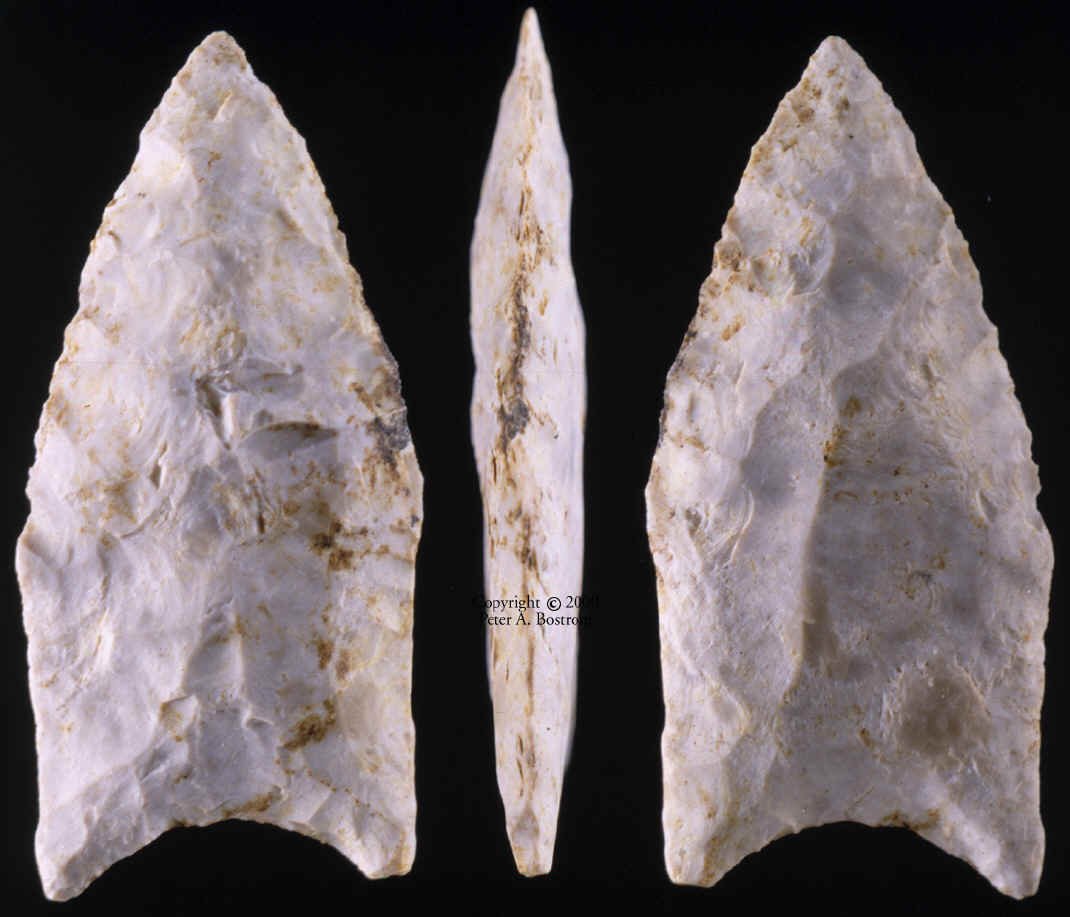 Three views of a small Fluted point from Sheriden Cave.