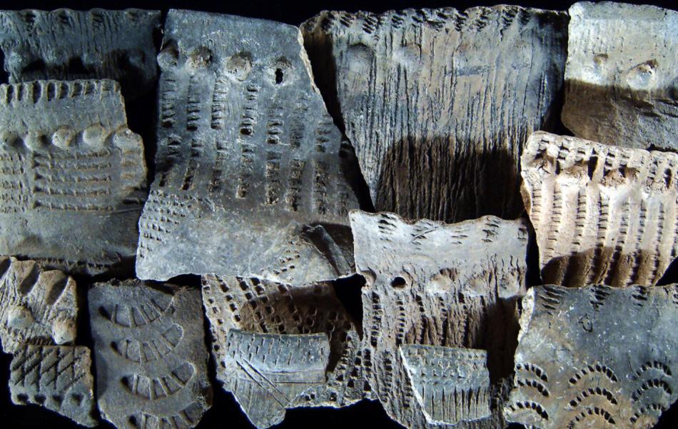 Group of Hopewell ceramic pot sherds from Snyders site.