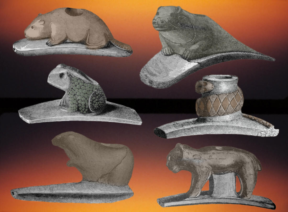 Six animal effigy Hopewell platform pipes from Mound City.