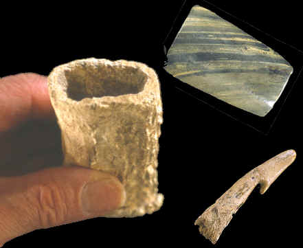 Atlatl handle, hook and banner-stone assembly from Indiana.