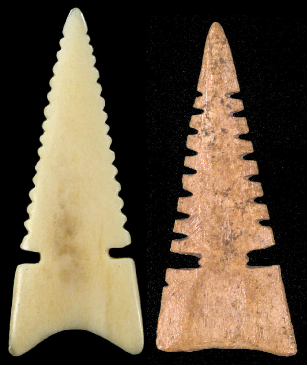Two double-notched serrated bone Cahokia points.