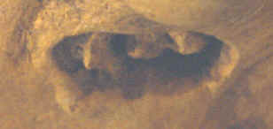 Closeup of mouth & teeth of clay head.