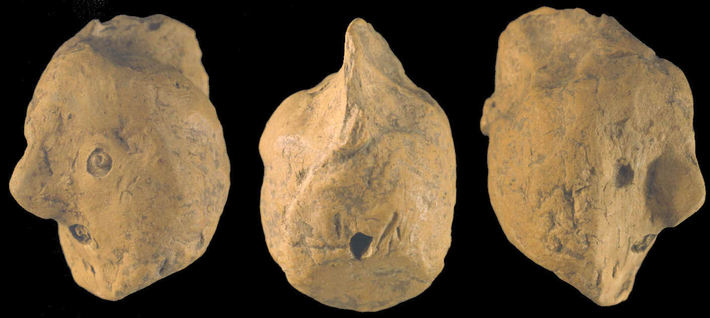 Three views of clay human head Mississippian culture.