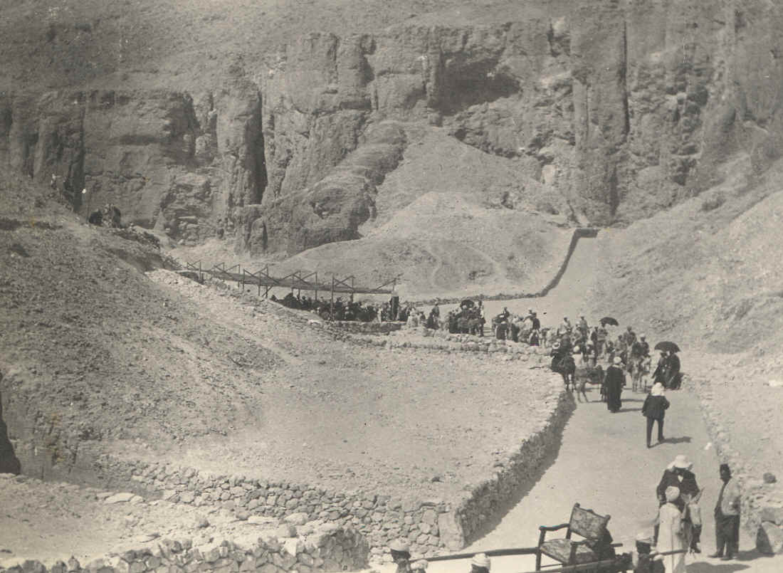 Picture taken in 1903 of tourists walking in the Valley of the Kings, Egypt.