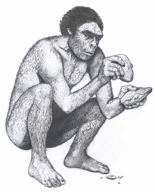 Primative early human making a stone tool.