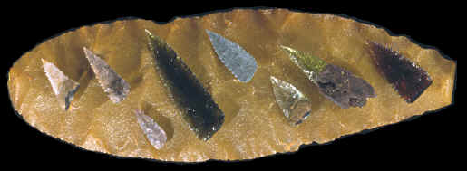 8 Kimberley points laying on large Hixton biface.