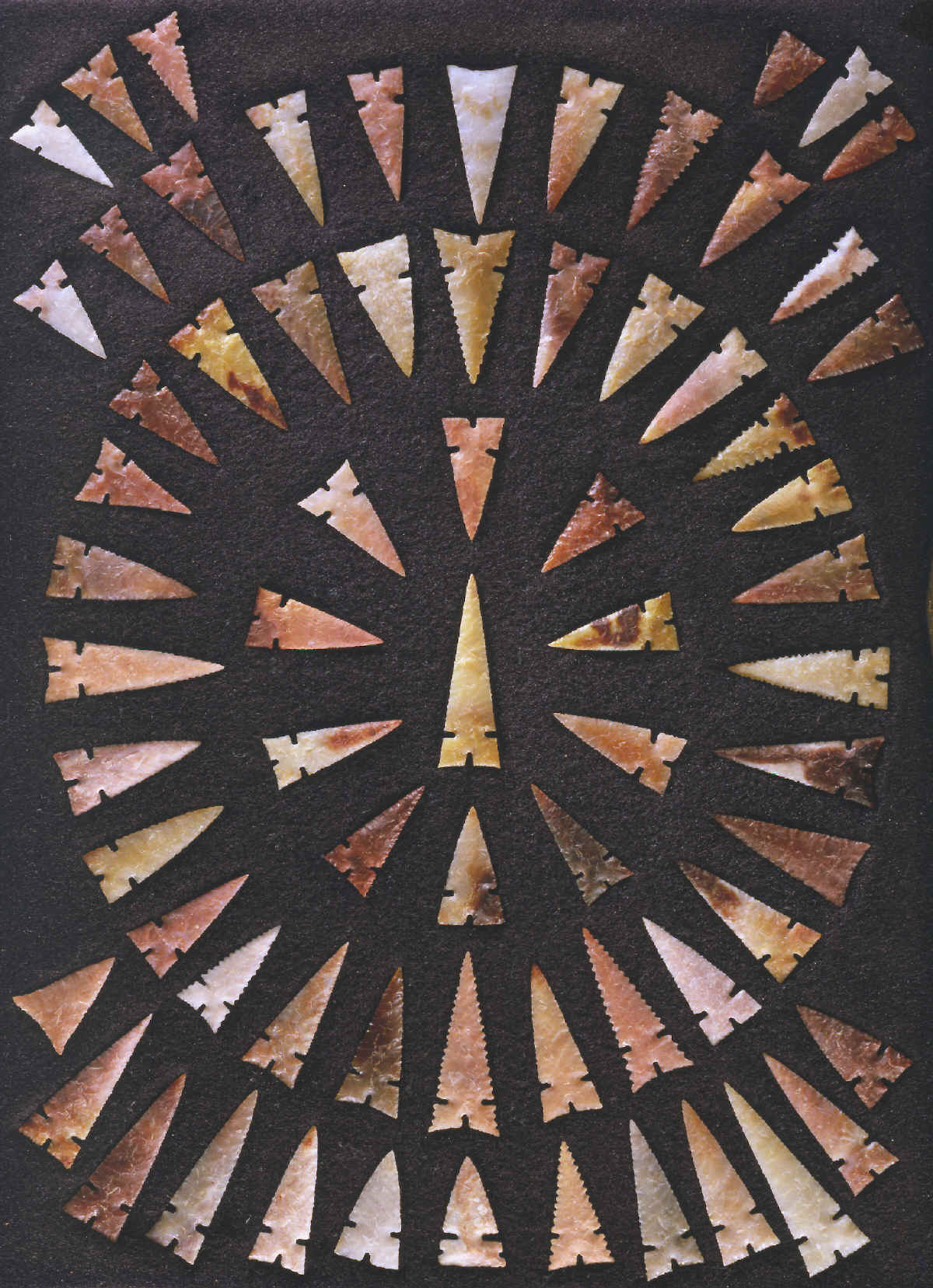 69 Colorful Cahokia points made by Gary Merlie.