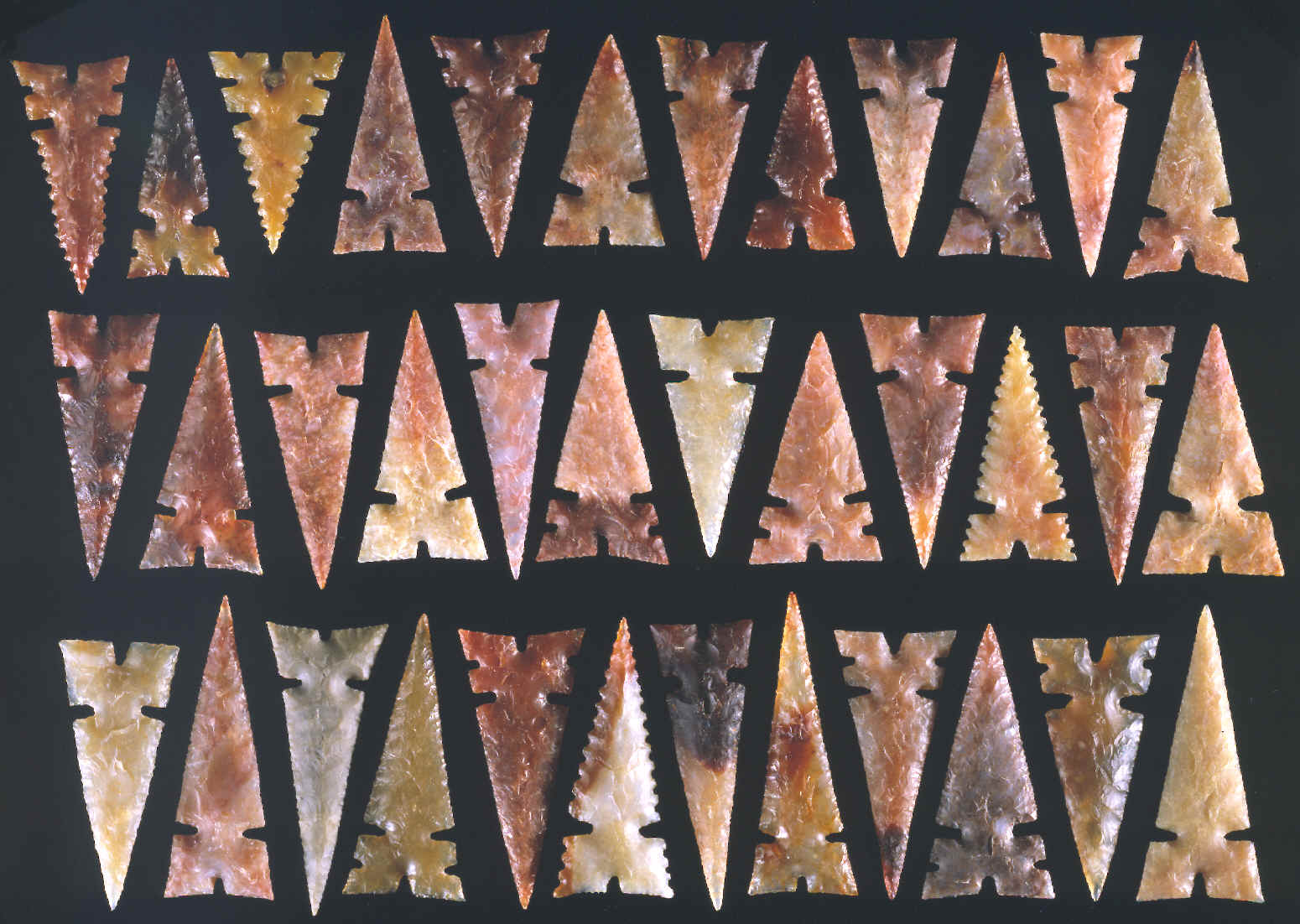 36 colorful Cahokia points made by Gary Merlie.