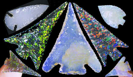 Seven opal arrowheads----real and synthetic.