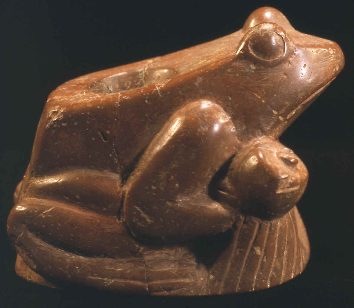 The "Rattler Frog Effigy Pipe" showing side with rattle.