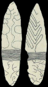 Drawing of a cedar carving of a stone biface.