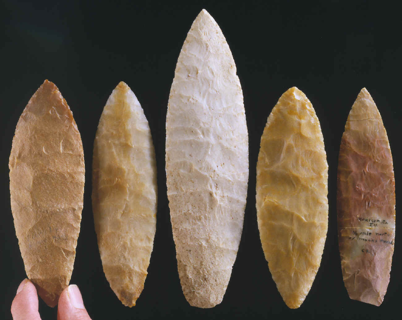 5 Ramey knives made of colorful Kaolin chert.