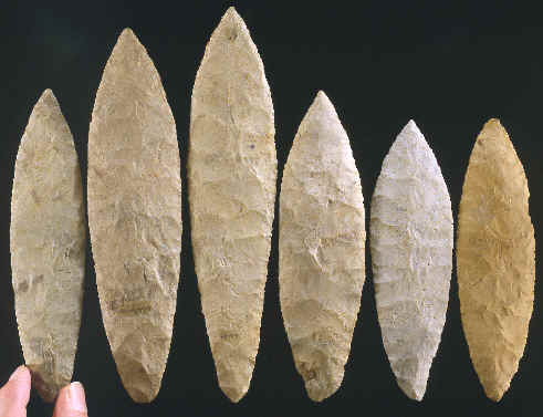 Six Ramey knives made of Mill Creek chert.